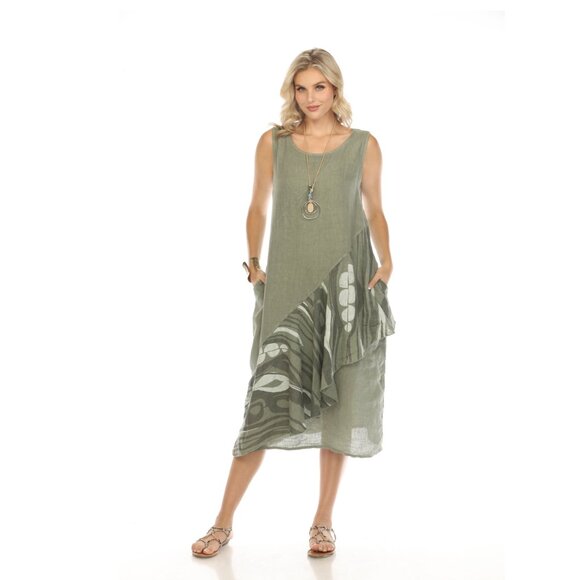 Olive Dress with Pockets and Abstract Design - Picture 2 of 9